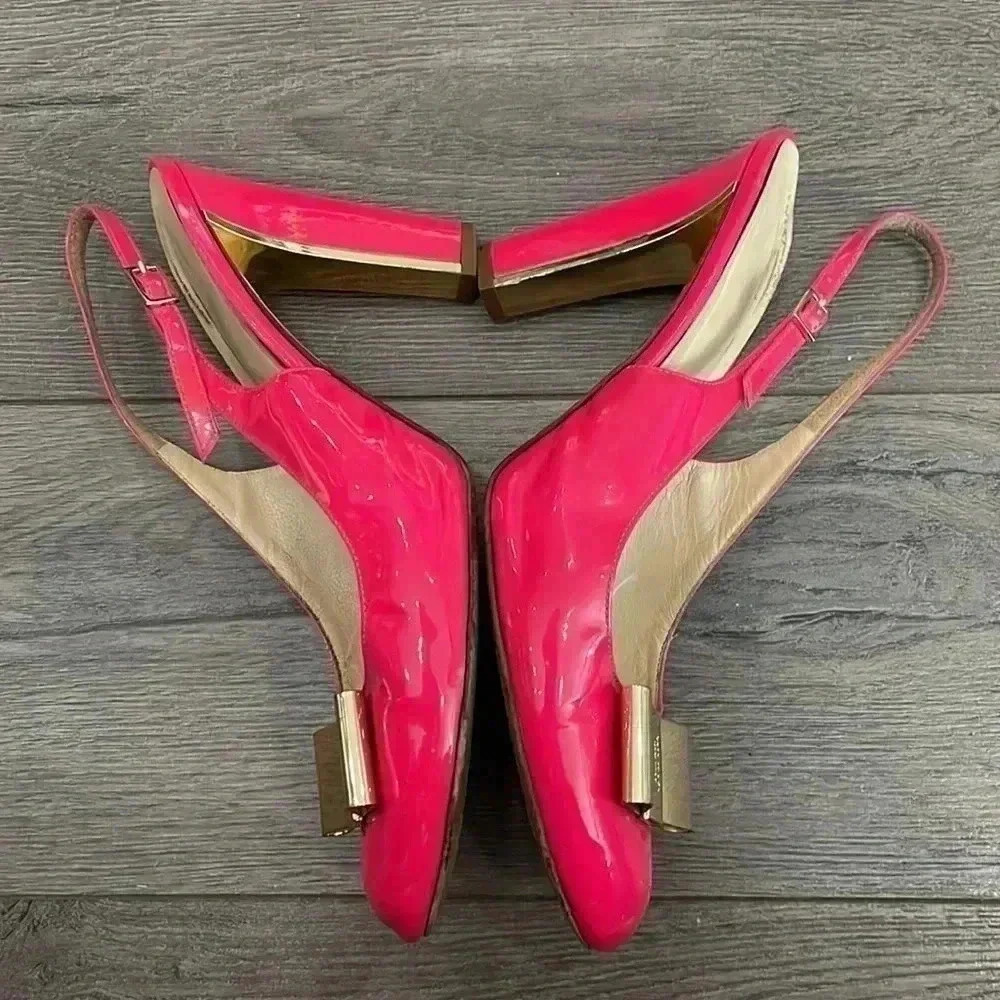 Kate Spade Barbie  Pink Leather Block Heels with Golden Bow- US 8- Italy - Picture 6 of 12